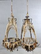 Pair of ornate Victorian - style wrought iron white painted plant hanging baskets, approx 65cm in
