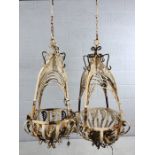 Pair of ornate Victorian - style wrought iron white painted plant hanging baskets, approx 65cm in