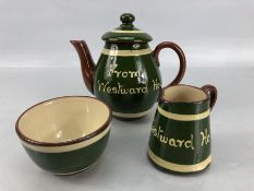 Small collection of Longpark Torquay pottery to include teapot, jug and sugar bowl, in green and
