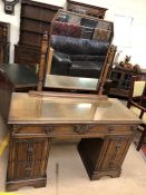 Dark wood dressing table with six drawers, separate glass top and tilting mirror, approx 118cm