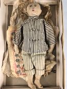 Chinese Linen Doll in pin-strip suit approx 35cm tall