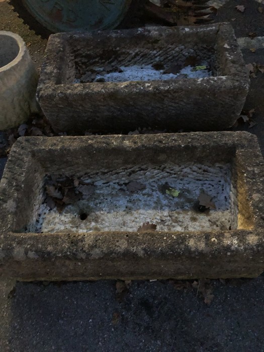 Pair of stone garden troughs, each approx 77cm x 39cm x 26cm tall