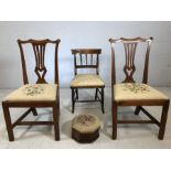 Collection of three bedroom chairs, two with tapestry seats, along with a tapestry-topped sewing