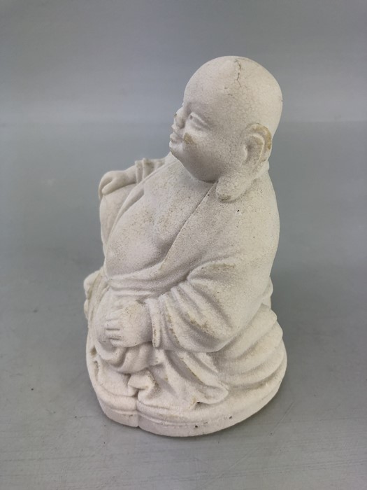 Plaster cast of a lions head painted green and a small seated buddha statue - Image 3 of 7