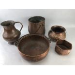 Selection of copper items to include bowls and copper jug (5)