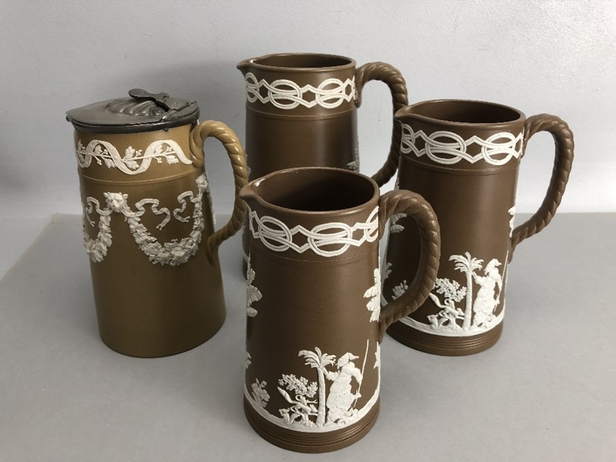 Collection of four Wedgewood Brown and white Jasperware jugs with rope effect handles - Image 2 of 8