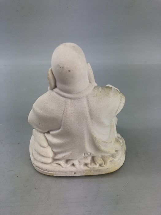 Plaster cast of a lions head painted green and a small seated buddha statue - Image 4 of 7