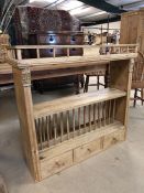 Antique pine hanging shelf / plate rack with three drawers and carved detailing, approx 105cm x 29cm