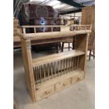 Antique pine hanging shelf / plate rack with three drawers and carved detailing, approx 105cm x 29cm