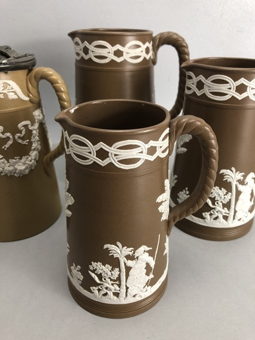 Collection of four Wedgewood Brown and white Jasperware jugs with rope effect handles - Image 3 of 8
