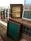 Two display cabinets, one table top with green baize, approx 61cm x 76cm x 11cm, the other small