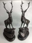 Pair of large bronze figures of stags on stepped marble plinths, approx 75cm in height