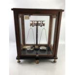 Vintage oak and glass cased weighing scales by Sartorius Werke of Gottingen