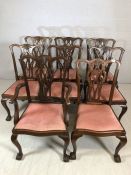 Set of eight Chippendale Revival chairs to include one carver with carved pierced lattice splat