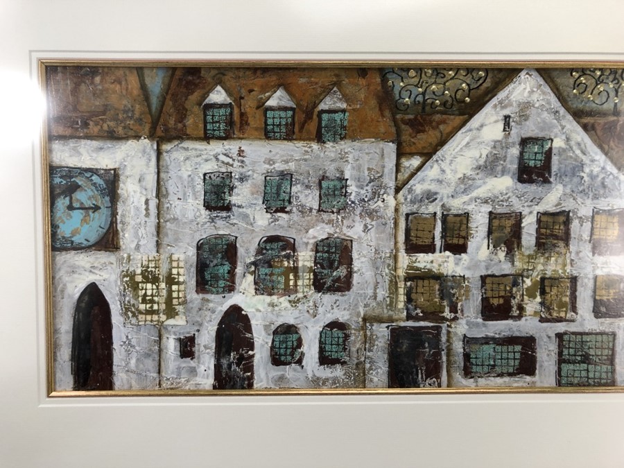 Large Framed Mixed media Art work depicting a European street scene signed Lower right approx 90 x - Image 2 of 7