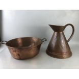 Copper jug and bowl, jug approx 30cm in height