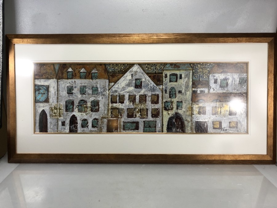 Large Framed Mixed media Art work depicting a European street scene signed Lower right approx 90 x