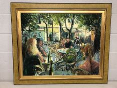 Large oil on canvas of a French Menton outdoor café society scene approx 91 x 72cm, signed Danes,