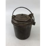 Cast iron warmer, small bucket with handle and inner lidded cast iron warming pot, approx 8cm tall