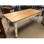 Pine kitchen farmhouse table with white painted turned legs, approx 183cm x 84cm x 78cm tall