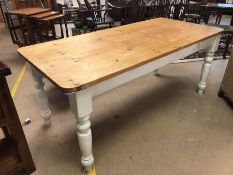 Pine kitchen farmhouse table with white painted turned legs, approx 183cm x 84cm x 78cm tall
