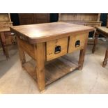 Large rustic pine kitchen island unit / butchers block with two drawers and shelf under, approx