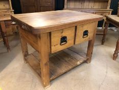 Large rustic pine kitchen island unit / butchers block with two drawers and shelf under, approx