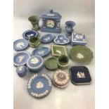 Collection of Wedgwood Blue Jasperware to include a Jasperware Mantle clock