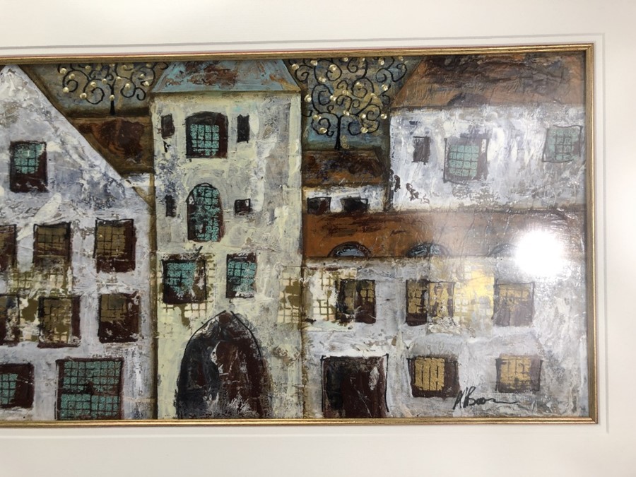 Large Framed Mixed media Art work depicting a European street scene signed Lower right approx 90 x - Image 4 of 7