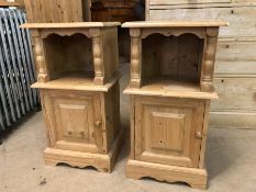 Pair of pine bedsides with shelf and cupboard under