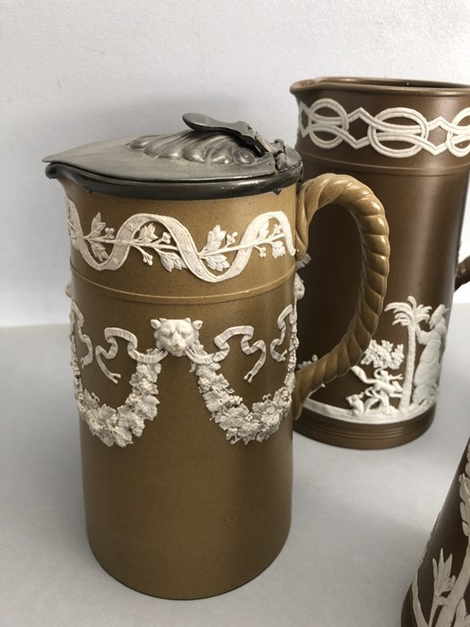 Collection of four Wedgewood Brown and white Jasperware jugs with rope effect handles - Image 4 of 8