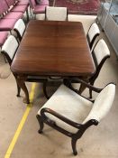 Extending reproduction Mahogany dining table, approx 147cm x 100cm extended, with six upholstered