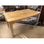 Pine kitchen table with turned legs approx 153cm x 91cm x 78cm tall