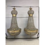 Pair of extra large ballroom style chandeliers with gilt frames and glass drops, approx height