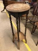 Barley twist oak plant stand with shelf under, approx 95cm tall