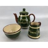 Small collection of Longpark Torquay pottery to include teapot, jug and sugar bowl, in green and