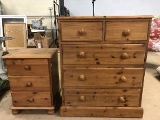 Pine chest of five drawers, approx 78cm x 40cm x 90cm tall, along with a single pine bedside with