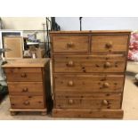 Pine chest of five drawers, approx 78cm x 40cm x 90cm tall, along with a single pine bedside with