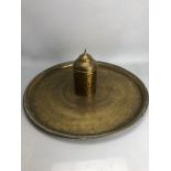 Large circular Eastern brass tray, approx 58cm in diameter, with a brass tea caddy depicting