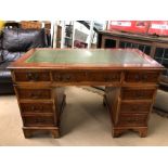 Pedestal desk with green leather top, approx 122cm x 61cm