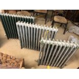 Three Victorian cast iron radiators, two approx 84cm x 78cm tall, one approx 60cm x 78cm tall