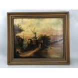 19th Century Dutch School, oil on canvas, River scene with windmill, Signed lower right (possibly "J