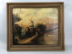 19th Century Dutch School, oil on canvas, River scene with windmill, Signed lower right (possibly "J