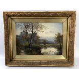 Oil painting of a river scene attributed to E or B Fisher (notes to reverse) and also noted to