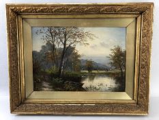 Oil painting of a river scene attributed to E or B Fisher (notes to reverse) and also noted to