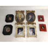 Collection of eight miniatures depicting men and women in varying frames