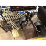 Collection of metal ware, mainly fireside items to include scuttles, boxes, fire grate and fire
