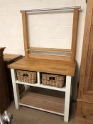 Kitchen work station / butchers block with back stand, two wicker drawers and shelf under, approx