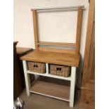 Kitchen work station / butchers block with back stand, two wicker drawers and shelf under, approx