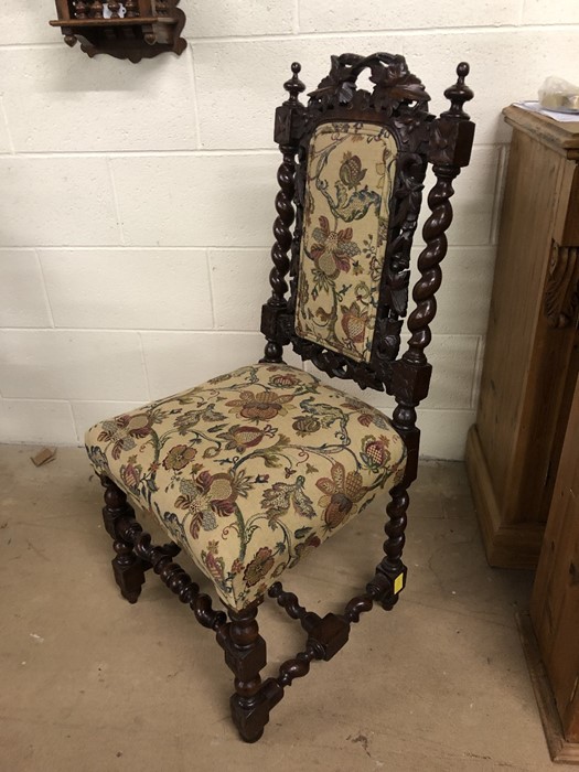 Single oak framed heavily carved upholstered chair with barley twist frame - Image 3 of 3